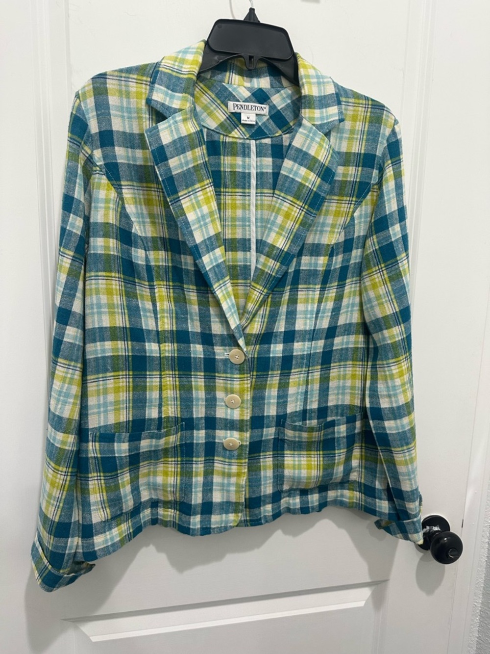 Pendleton Linen Blend  Teal and Lime Plaid Shirt Jacket SZ M